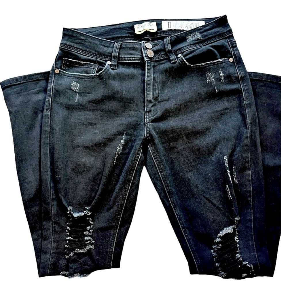Indigo Rein Black Charcoal Distressed Frayed Stretch Straight Leg Jeans Size 11 - Picture 3 of 6